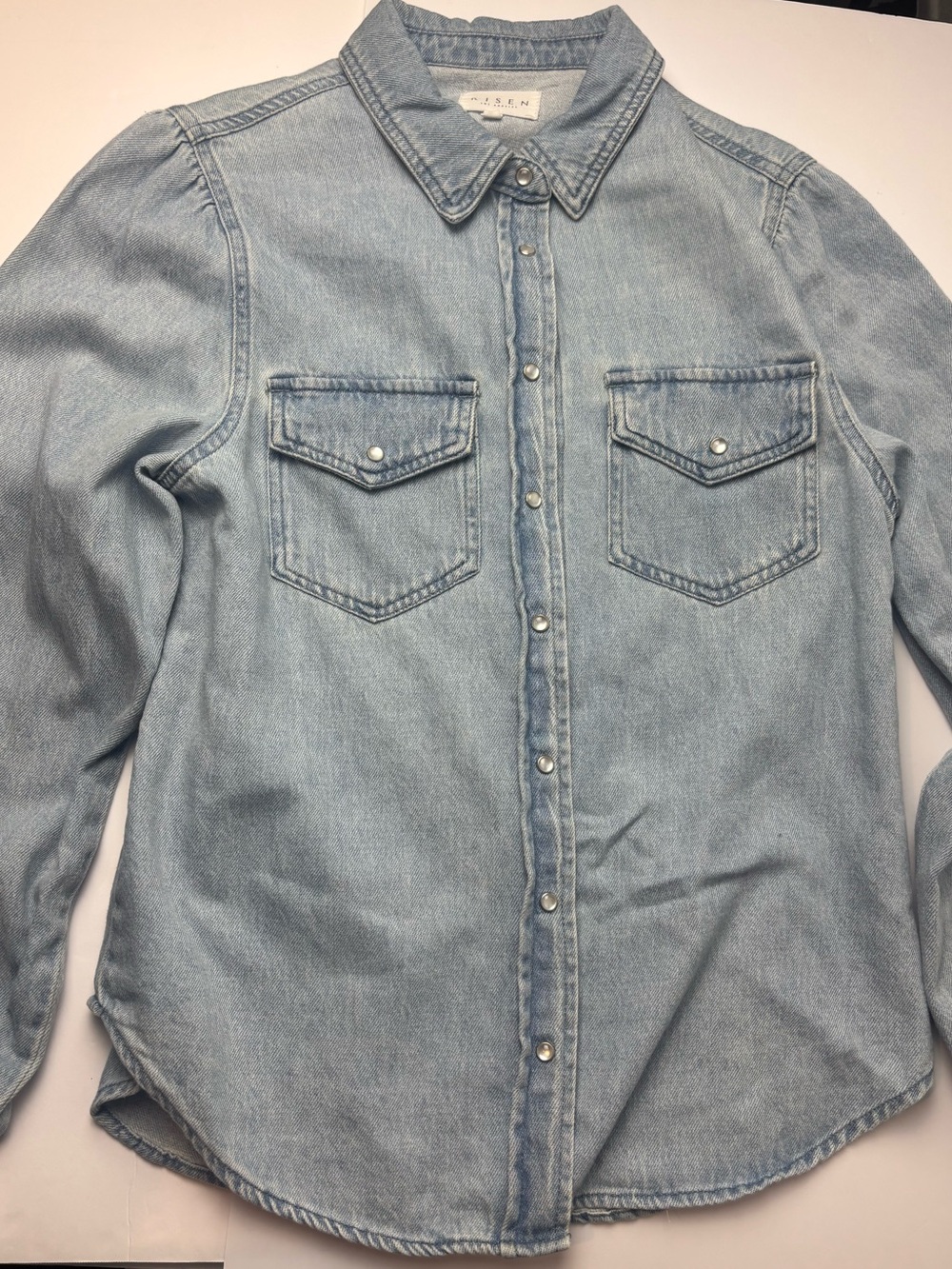 Light Wash Denim Button-Down Shirt with Pearl Snap Closures